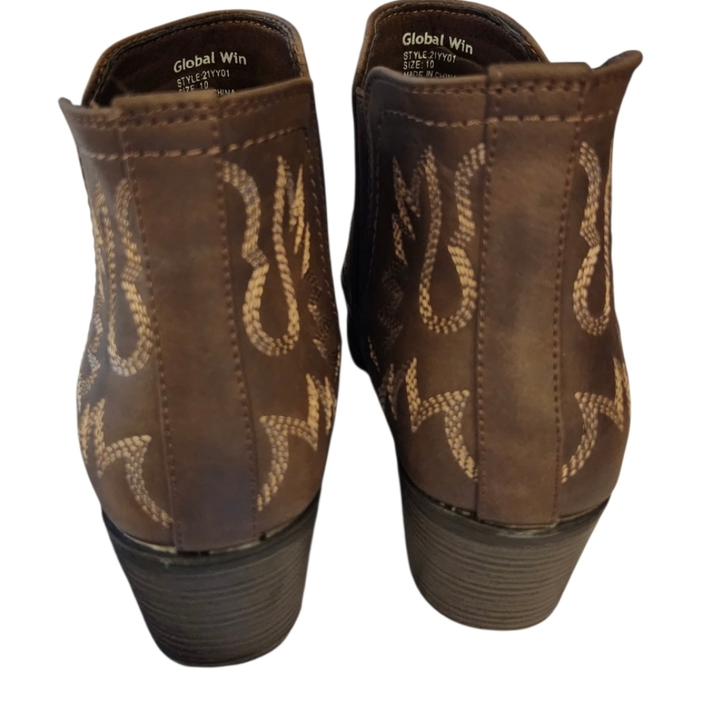 GLOBALWIN Vegan Cowgirl Boots Western Short Ankle Pull On BROWN 10 - Picture 3 of 5